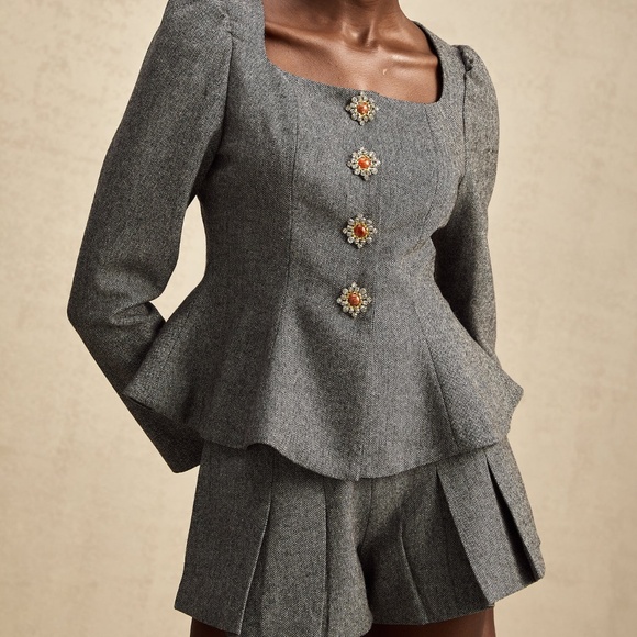 MISS ROSIER AGATHE GREY HERRINGBONE TOP & SHORTS MATCHING SET SIZE S - Picture 2 of 3